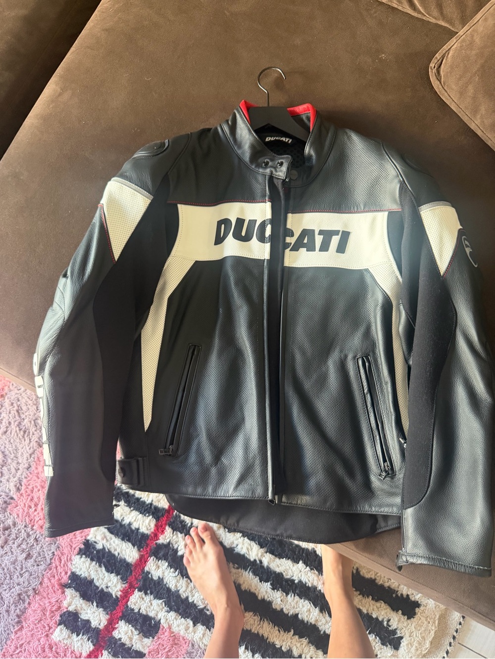 Ducati Men's Black and White Leather Motorcycle Jacket